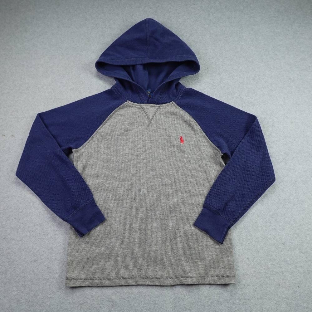 Polo Ralph Lauren Hoodie Boys S‎ 8 Gray Blue Raglan Waffle Knit Shirt